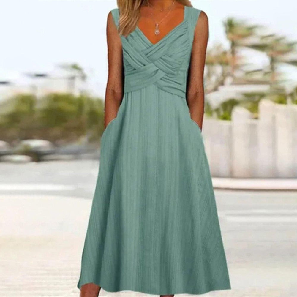 Janet | Green Plain Side Pocket Midi Dress