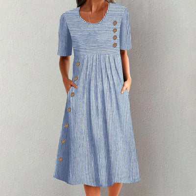 Kaia | Blue Striped Short Sleeve Midi Dress