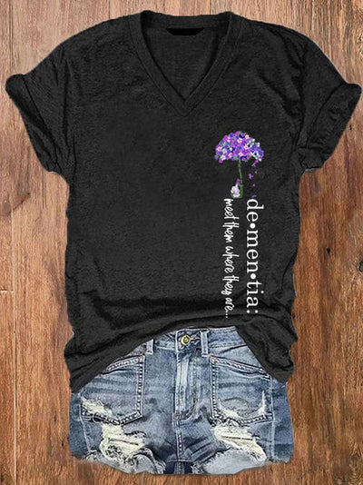 Women's Dementia Alzheimer's Disease Awareness Print V-Neck T-Shirt