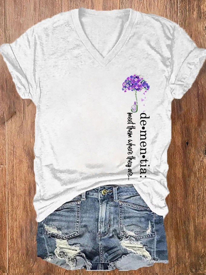 Women's Dementia Alzheimer's Disease Awareness Print V-Neck T-Shirt