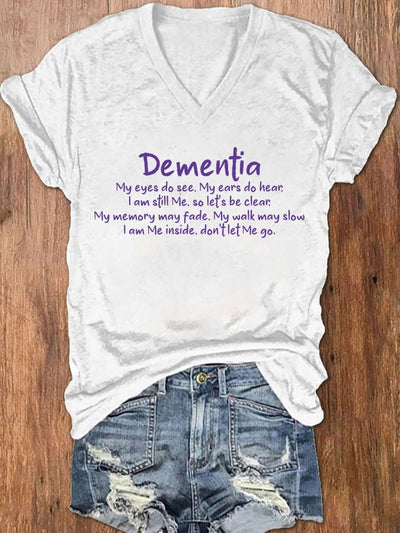 Women's Dementia Alzheimer's Disease Awareness Printed V-Neck T-Shirt