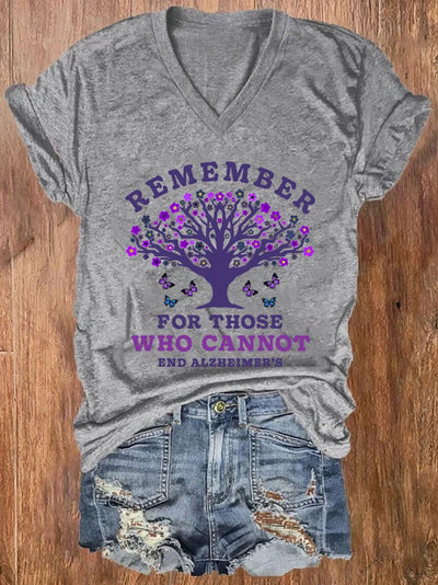 Women's Remember For Those Who Cannot Dementia Alzheimer's Disease Awareness printed V-neck T-shirt