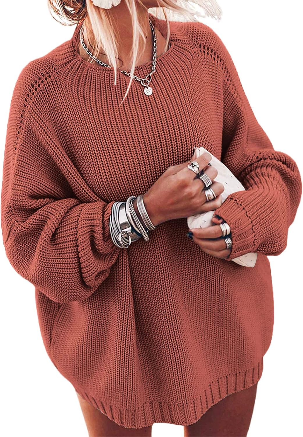 Ugerlov Women's Oversized Sweaters Batwing Sleeve Mock Neck Jumper Tops Chunky Knit Pullover Sweater