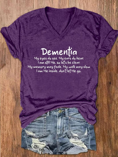 Women's Dementia Alzheimer's Disease Awareness Printed V-Neck T-Shirt