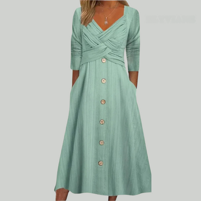 Elena – Elegant & Slimming Dress with Buttons and Crisscross Details