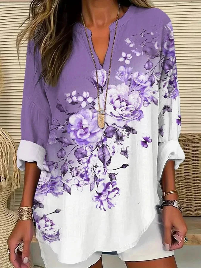 Women's Alzheimer's Awareness Purple Floral Print Casual Blouse