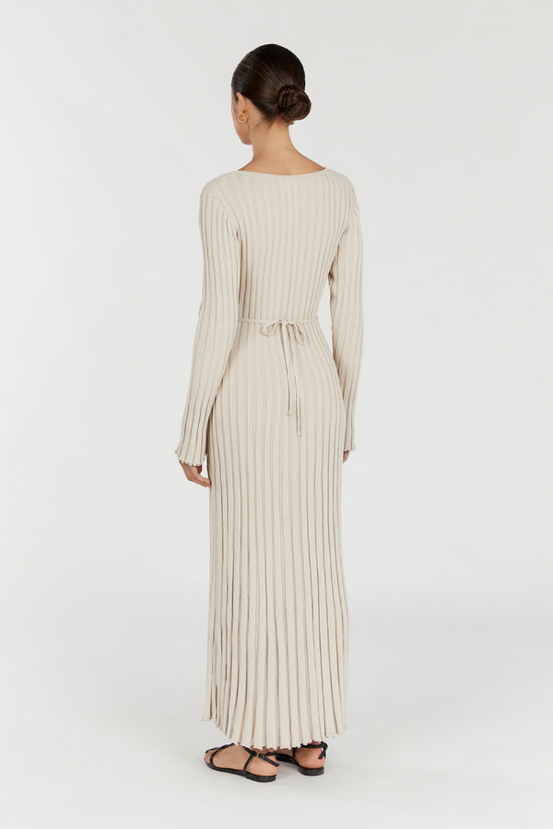 V-Neck Sleeved Knit Midi Dress