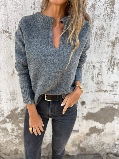 Unique long sleeve knitted sweater with V-neck