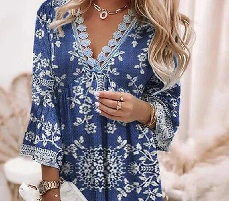 Vina | Blue 3/4 Sleeve V-Neck Mini Dress