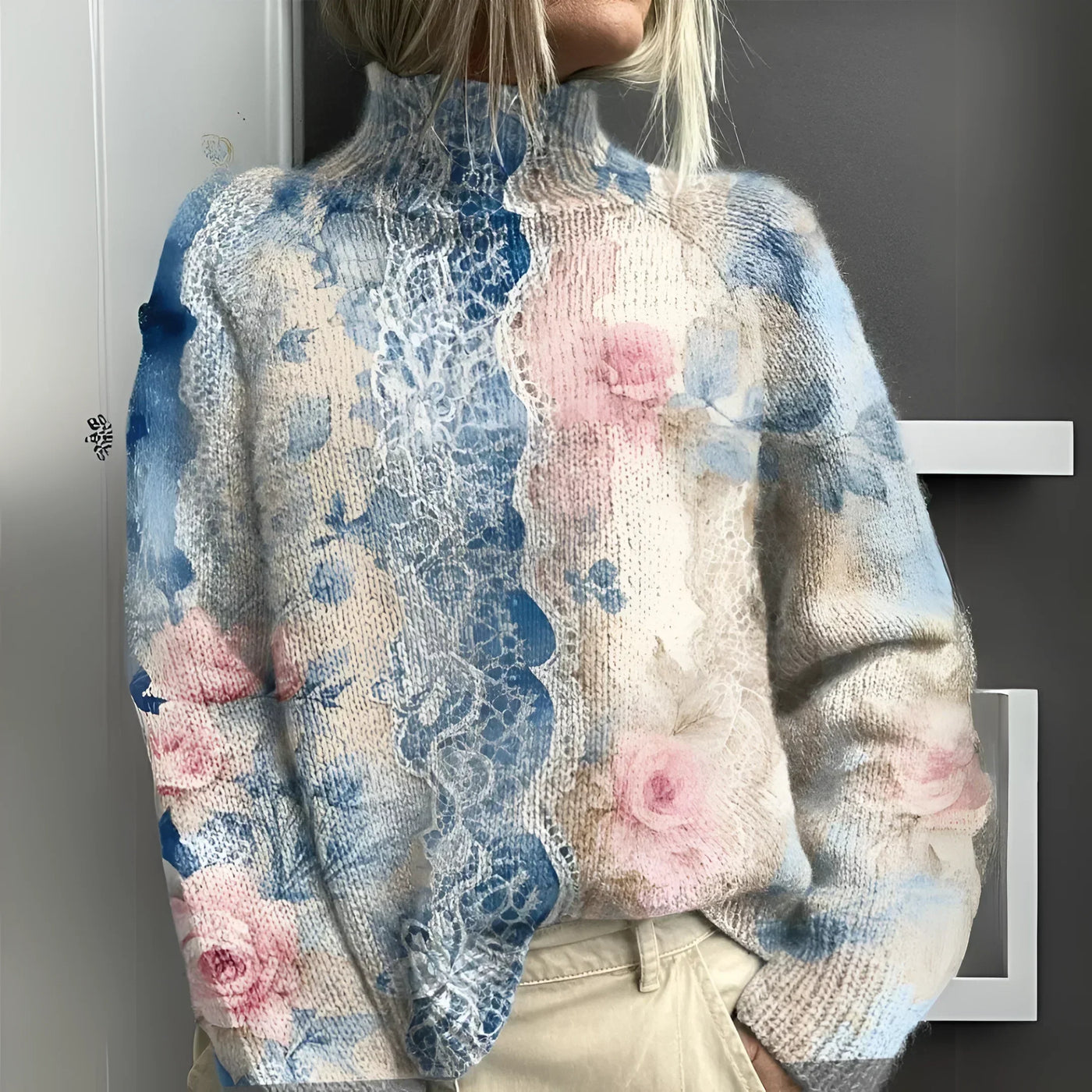 Lucienne | Knit Turtleneck Sweater with Floral Lace